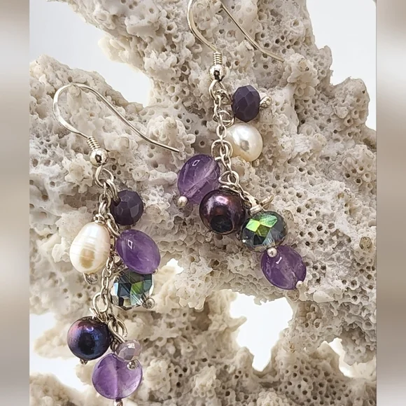 AMETHYST, PEARL & CRYSTALS CHANDELIER EARRINGS HANDMADE RECYCLE STERLING SILVER - Picture 6 of 6